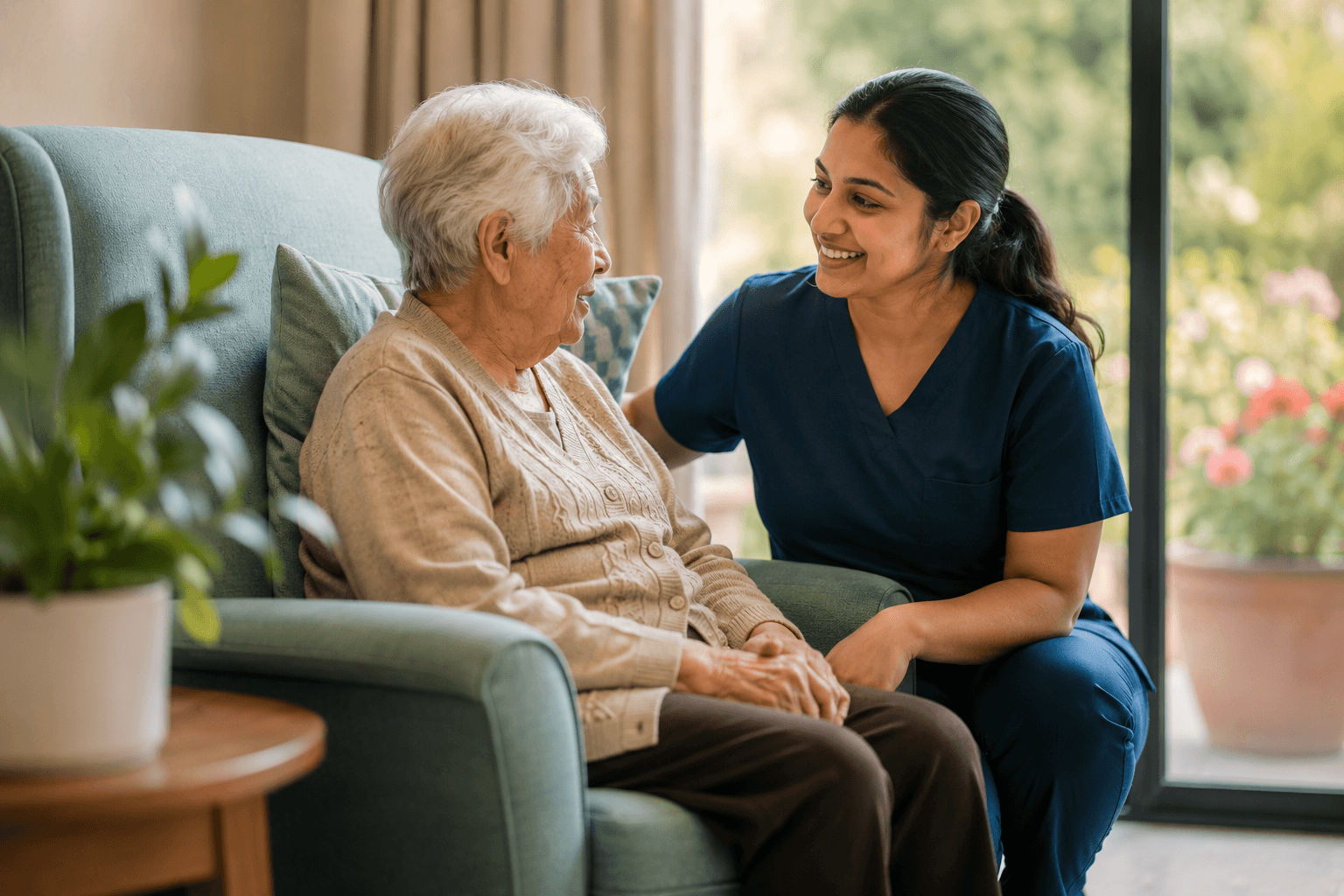 A care worker sitting with an older woman and listening