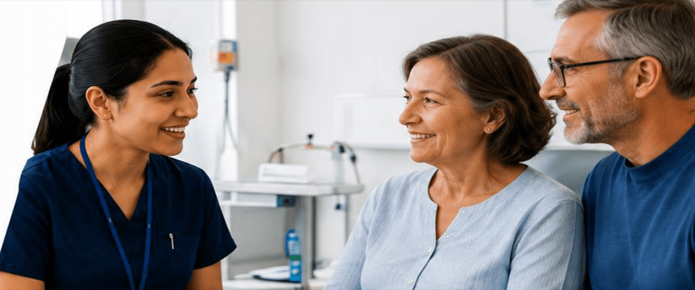 A family member sitting closely with a person receiving care