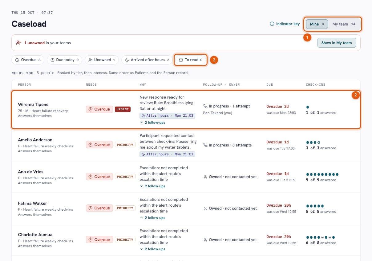 Care caseload with team filters, people needing review, reasons, owners, due times and check-in history