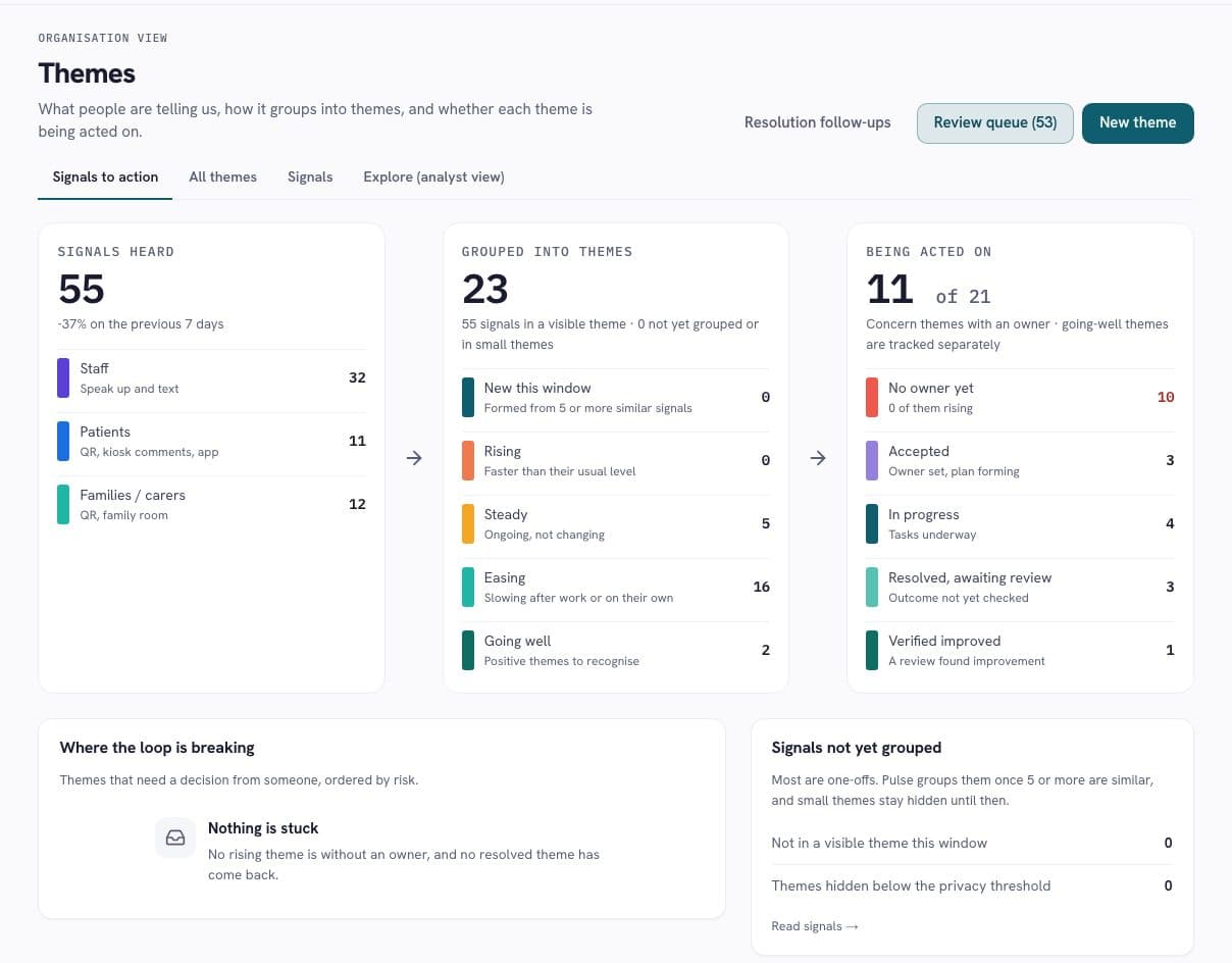 Current Themes screen linking signals heard to reviewed themes and improvement status